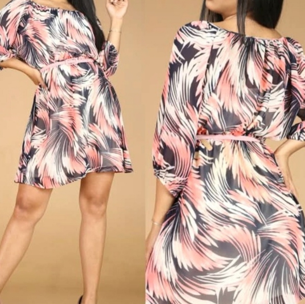 Spring Soft Look Flowy Dress Pink Purple Knee Length 3/4 Sleeve